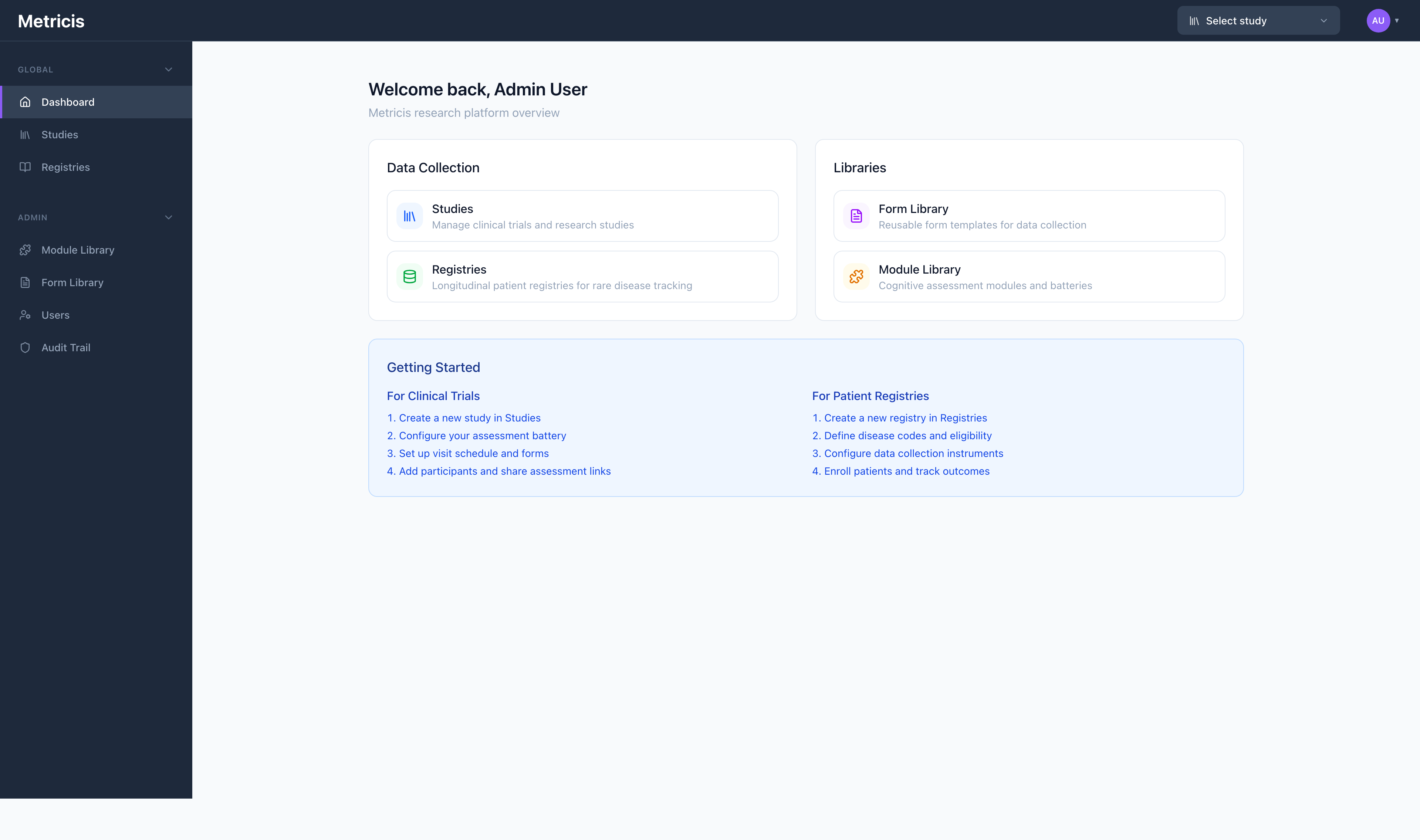 Metricis researcher portal dashboard, showing study management, registries, and the module library